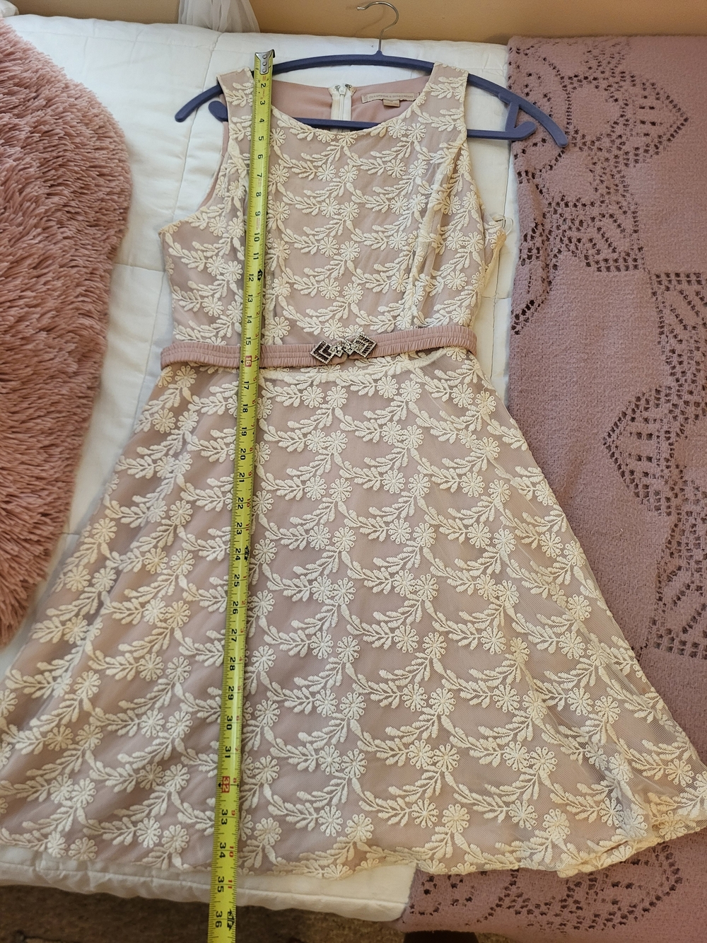 Pink And White Lace A-Line Dress with Belt